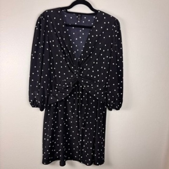 River Island Dresses & Skirts - River Island Black Spot Skater Mini Dress Polka Dot Twist Front V-Neck Size 12
